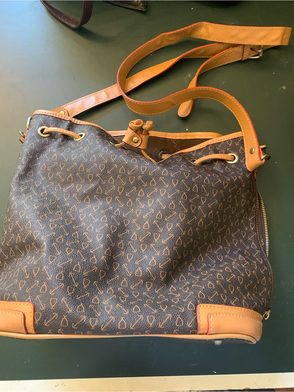 Oimei Patterned Hobo Bag with Tan Trim and Adjustable Strap